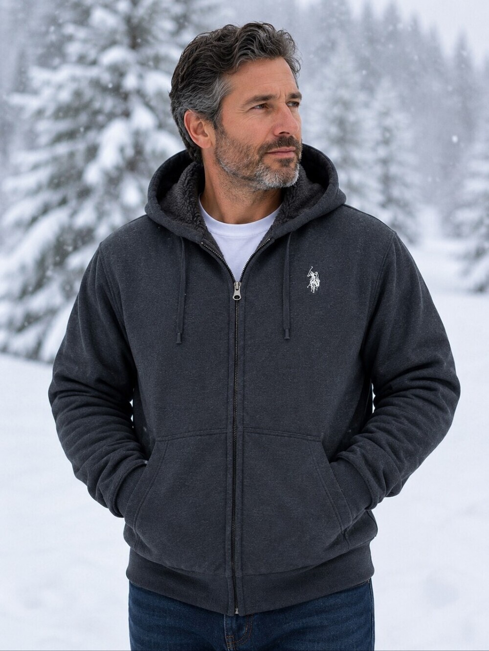 U.S. Polo Assn. Sherpa-Lined Zip Hoodie Jacket | Men's XXL | Dark Gray | Cozy